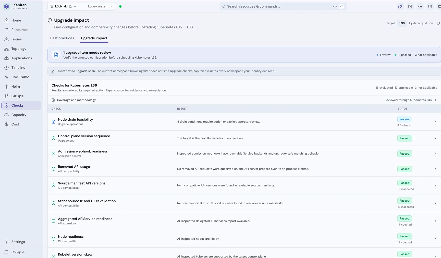 Kapitan upgrade impact check comparing the current and target Kubernetes versions with pass/review results