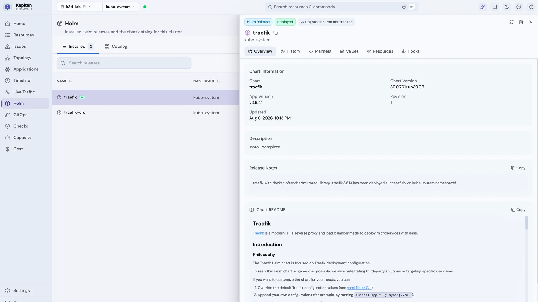Kapitan Helm release detail showing chart version, app version, and release notes