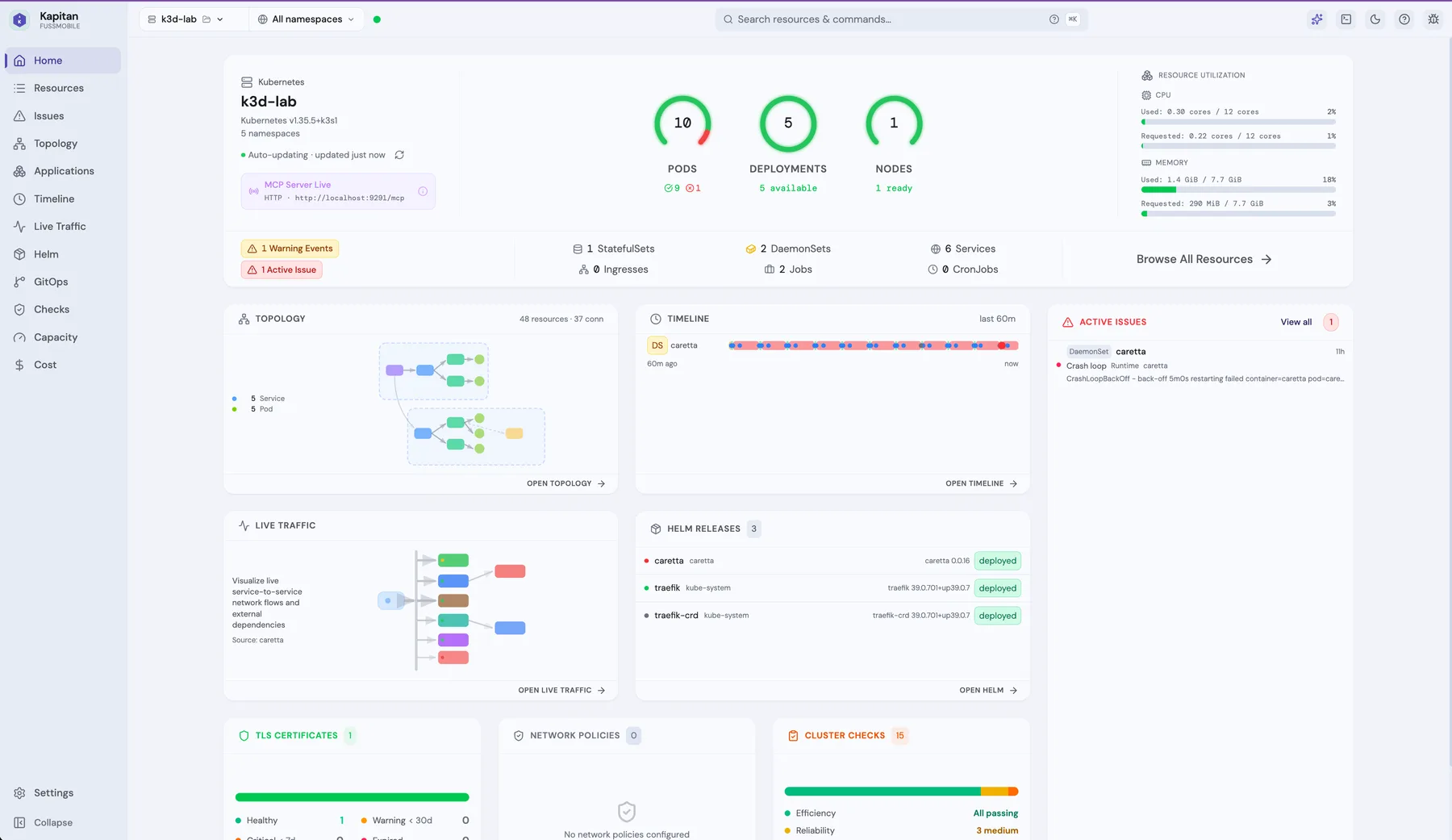 Kapitan cluster overview showing pod, deployment, and node health, resource utilization, live topology, timeline, and active issues on one screen
