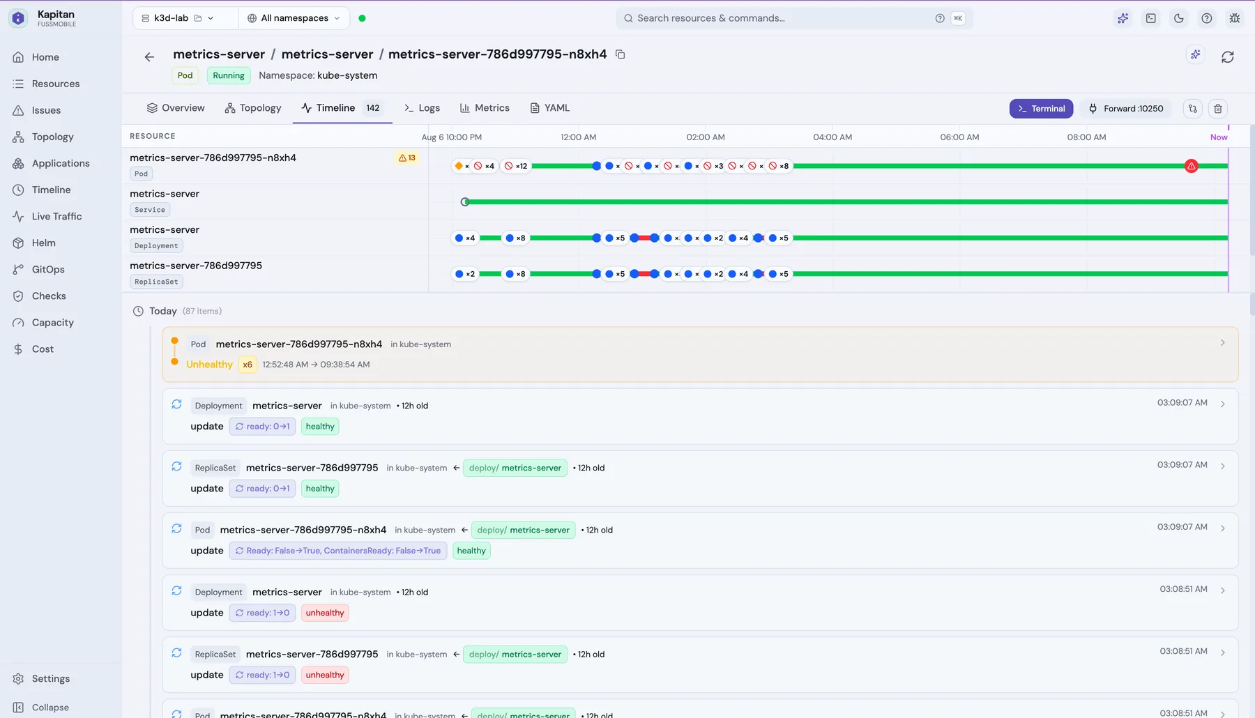 Kapitan resource-level timeline for a single pod showing its full health history