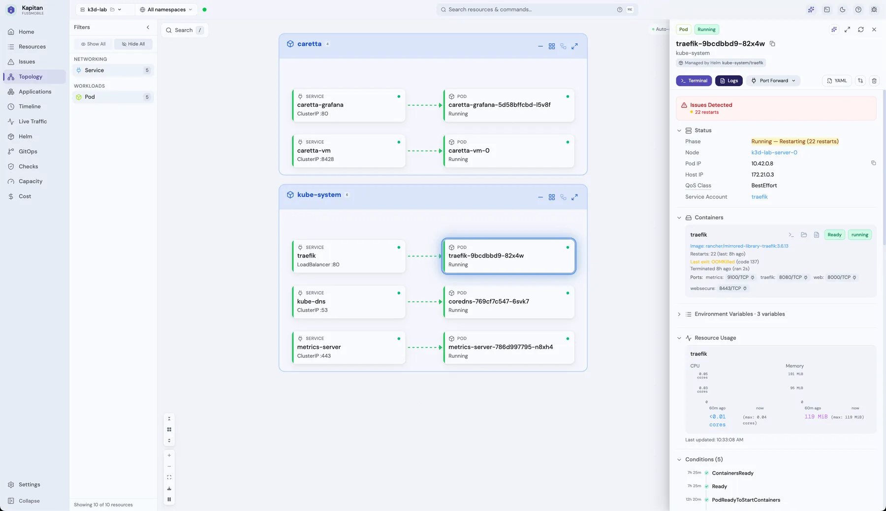 Kapitan topology drill-down into a single pod showing live logs and resource usage