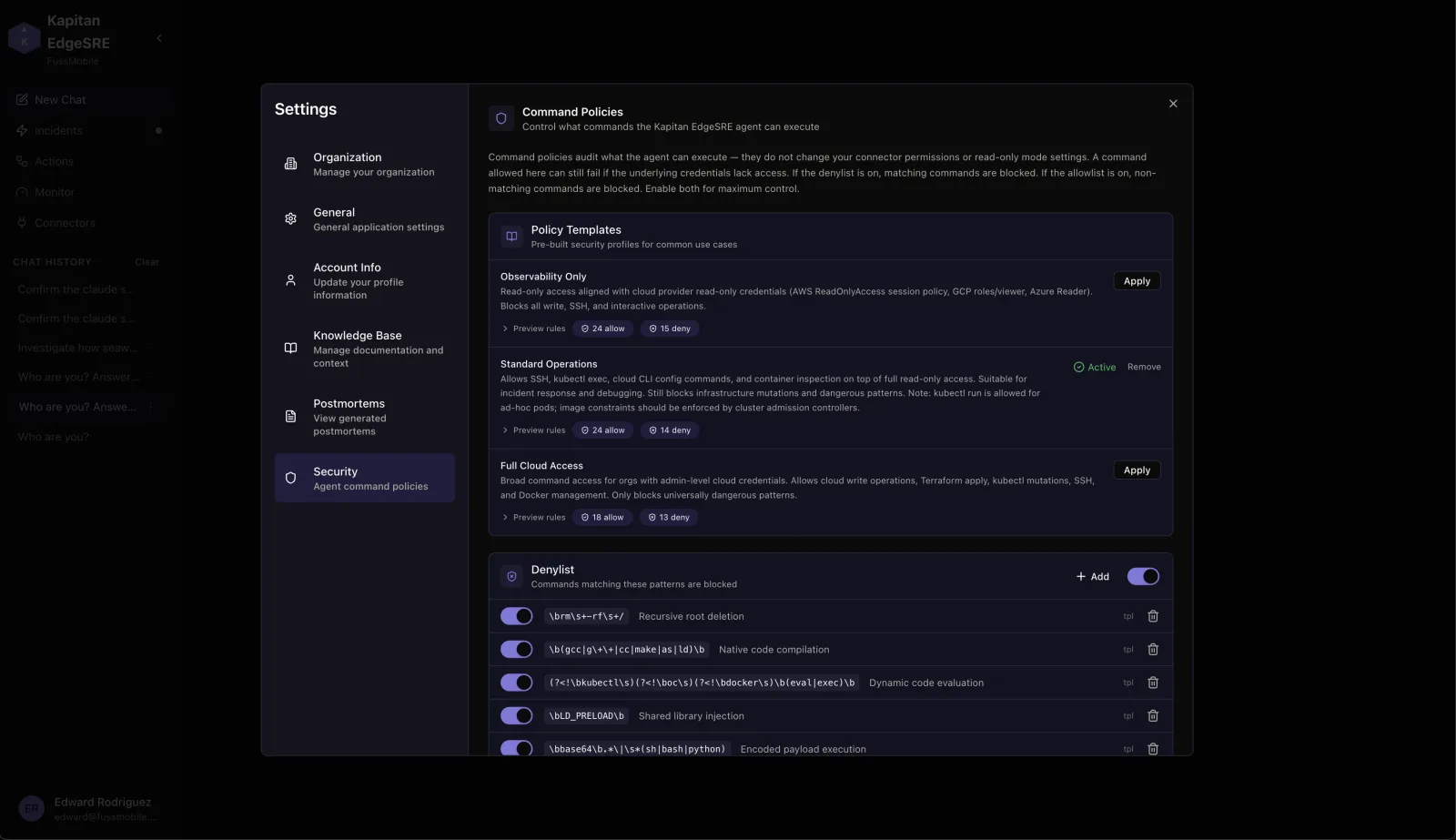 Kapitan EdgeSRE Security settings showing Command Policies with Observability Only, Standard Operations, and Full Cloud Access templates plus a denylist of blocked command patterns